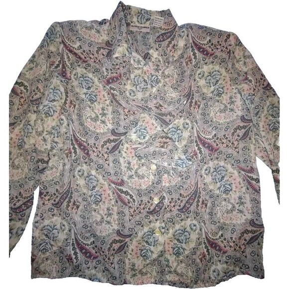 5/$25 EUC Sz 10P Womens Blue Pink Ruffle Neck Blouse Sheer Collared Paisley - Picture 8 of 8
